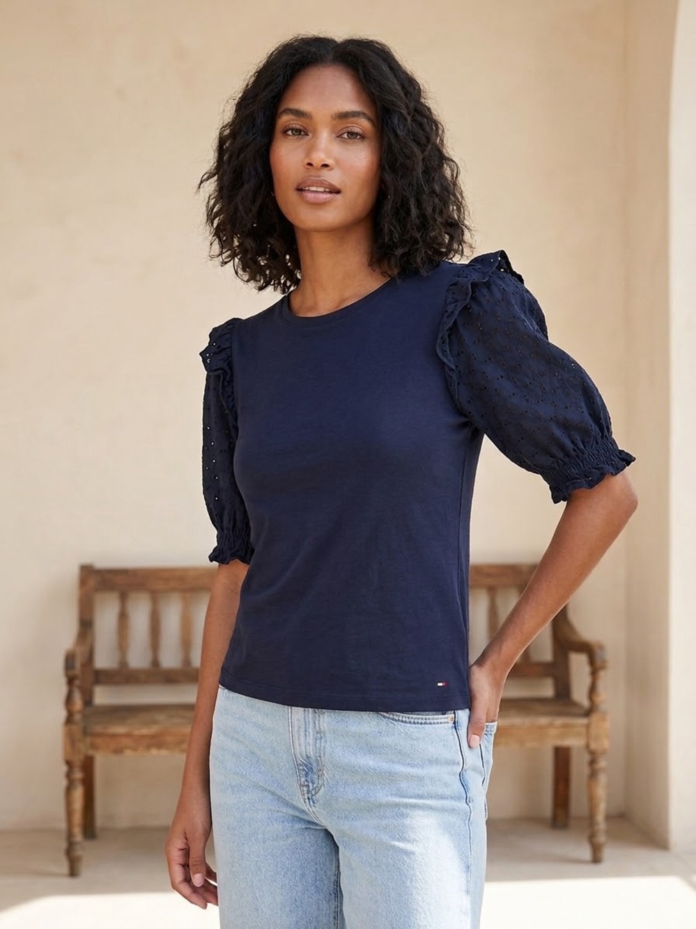 Tommy Hilfiger Eyelet Puff Sleeve Top Navy Blue Cotton Tee Sz L